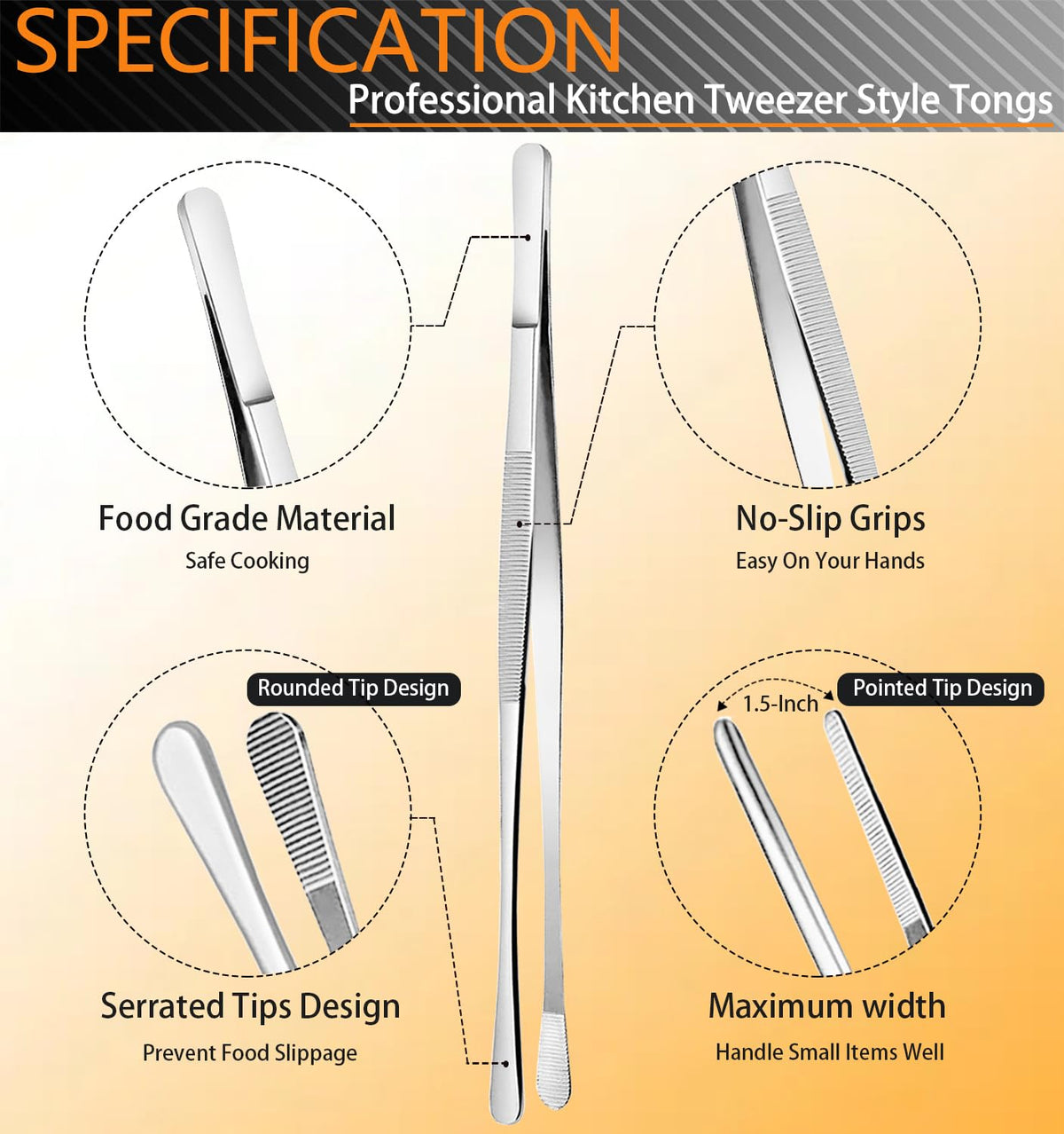 JetKong 12-inch stainless steel tweezers offering extended reach for hot kitchen tasks.