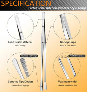 JetKong 12-inch stainless steel tweezers offering extended reach for hot kitchen tasks.
