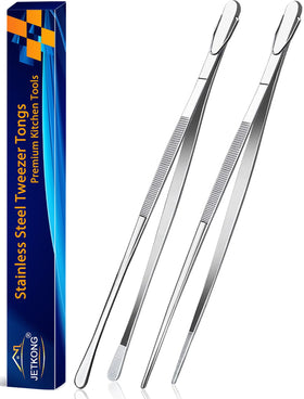 JETKONG 14 inch kitchen tweezers holding food for precise grip.