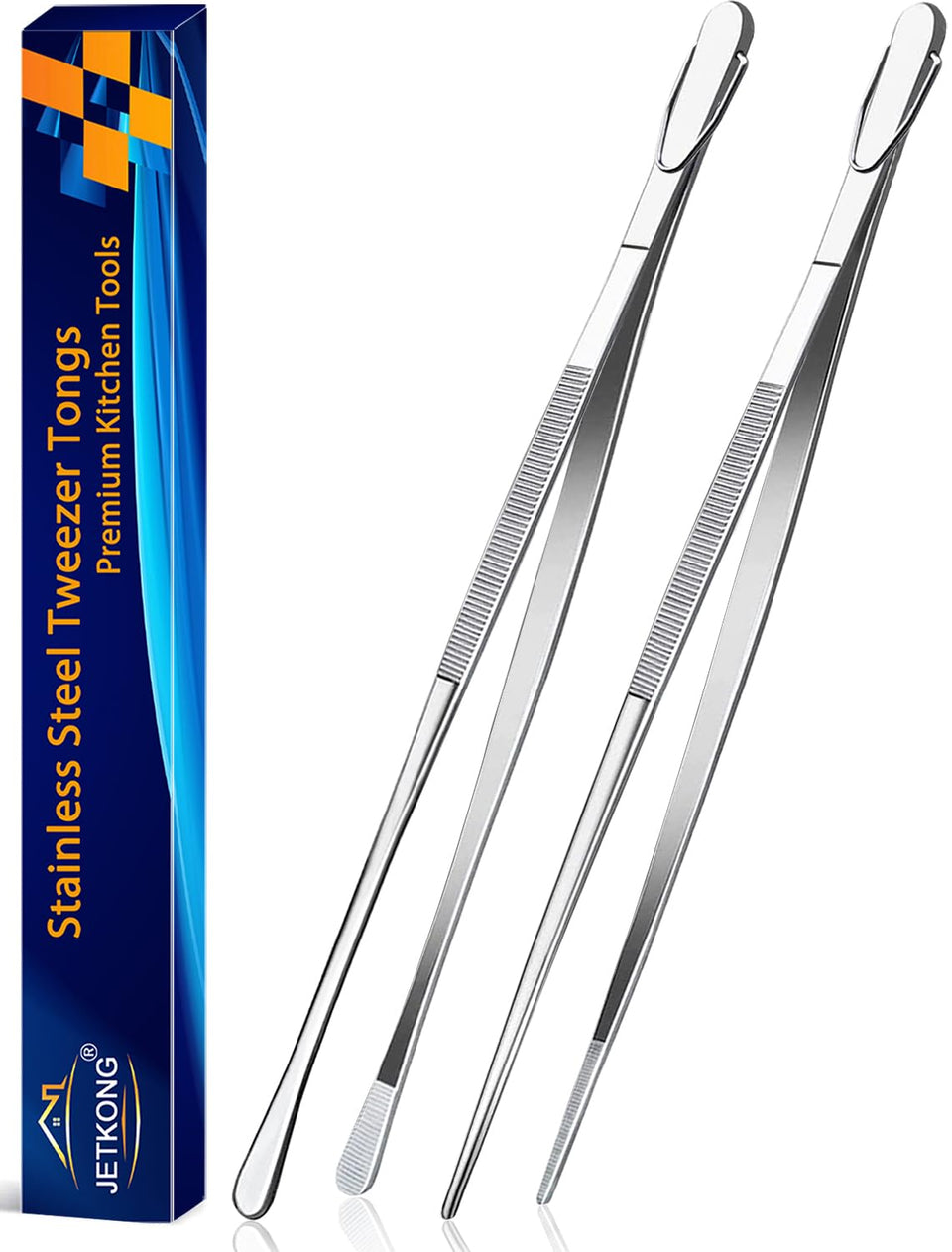 JETKONG 14 inch kitchen tweezers holding food for precise grip.