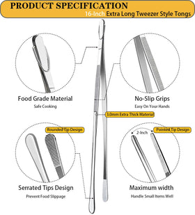 JETKONG 16-inch tweezers, dual tip design for versatile food tasks