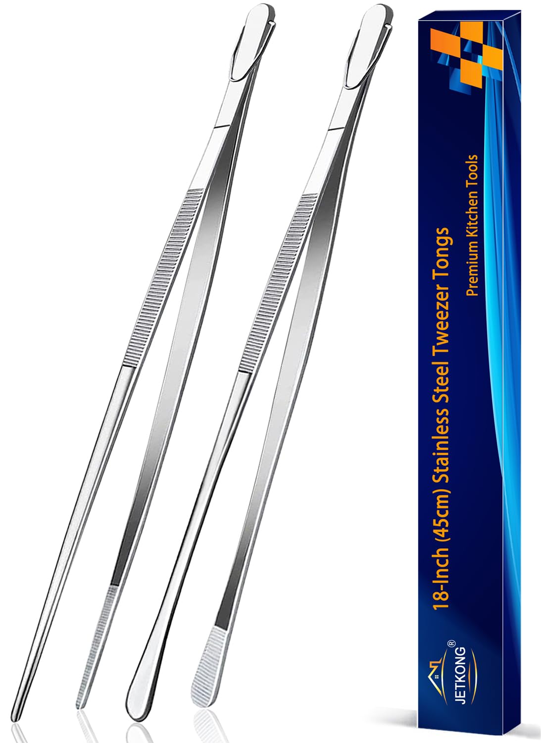 JETKONG 18-inch grill tongs in silver for safe, heat-aware grilling.