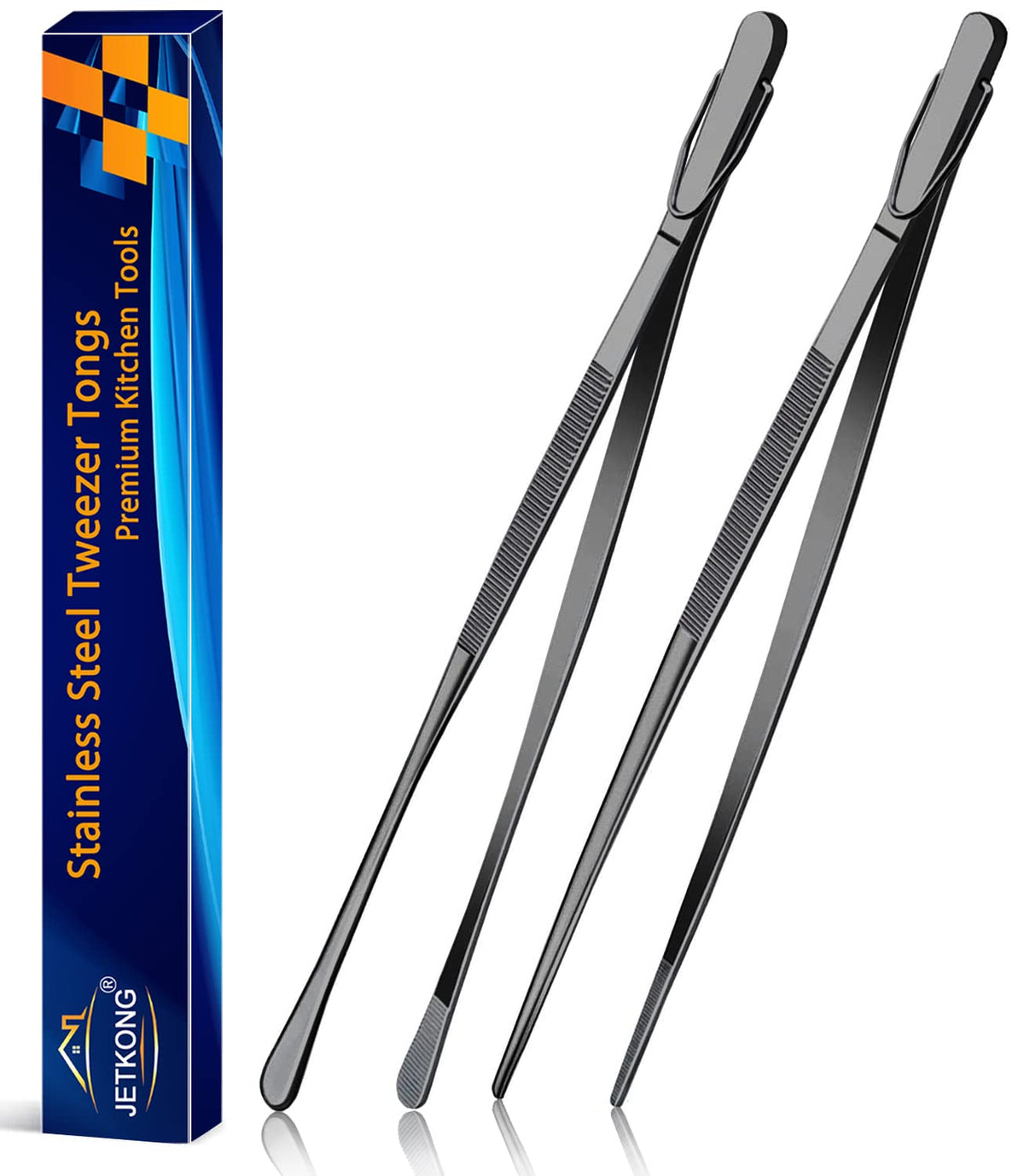 JETKONG 2-pack 12-inch black kitchen tweezers for precise plating.