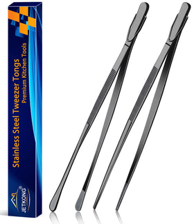 JETKONG 2-pack 12-inch black kitchen tweezers for precise plating.