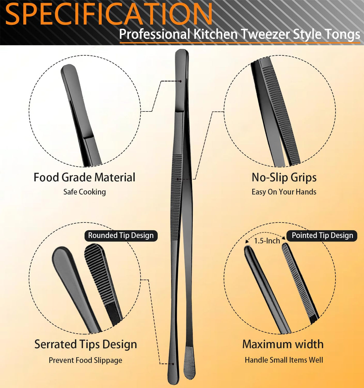 JETKONG 6-3inch cooking tweezers provide controlled grip for tiny foods.