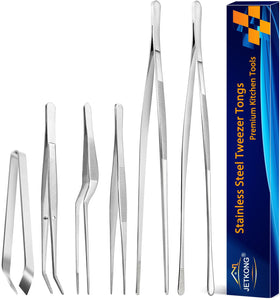 JetKong 6-piece cooking tweezers set used for precise plating and delicate food handling.