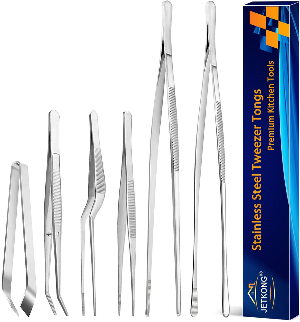 JetKong 6-piece cooking tweezers set used for precise plating and delicate food handling.