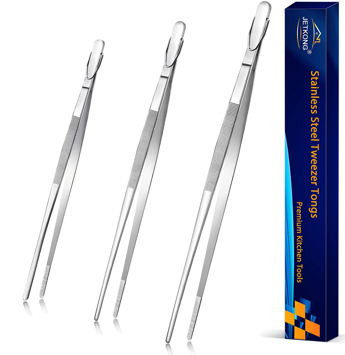 JETKONG extra long tweezers 9in with precise grip for delicate kitchen tasks.