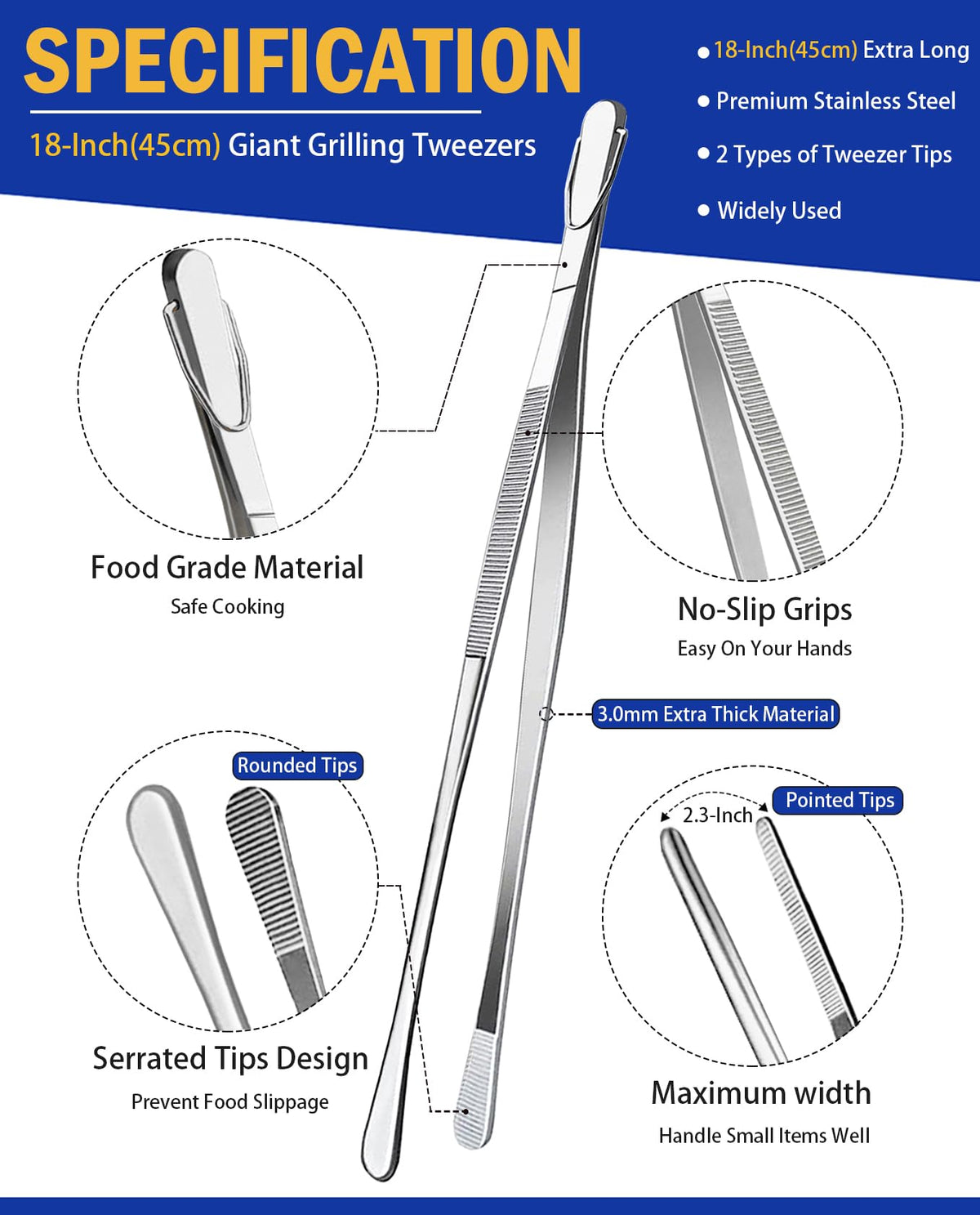 JETKONG giant tweezer tongs with point tips provide a secure grip.
