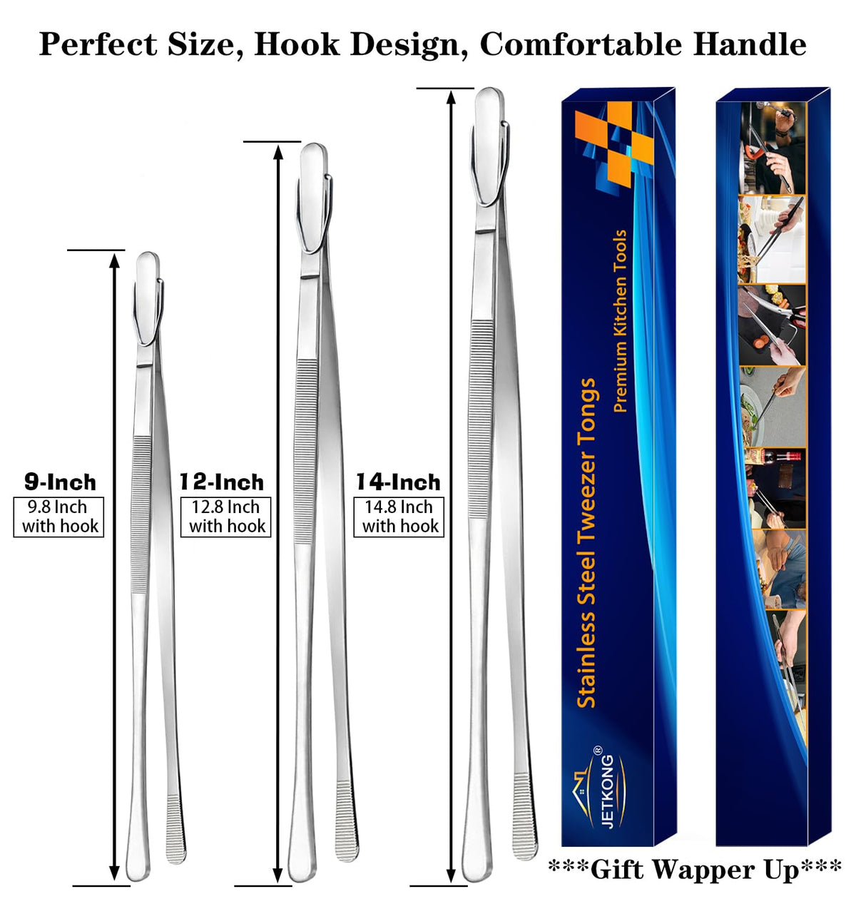 JETKONG narrow-tip kitchen tweezers improve reach in tight spaces