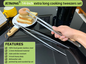 Close up of JETKONG stainless steel tweezers highlighting durable construction.