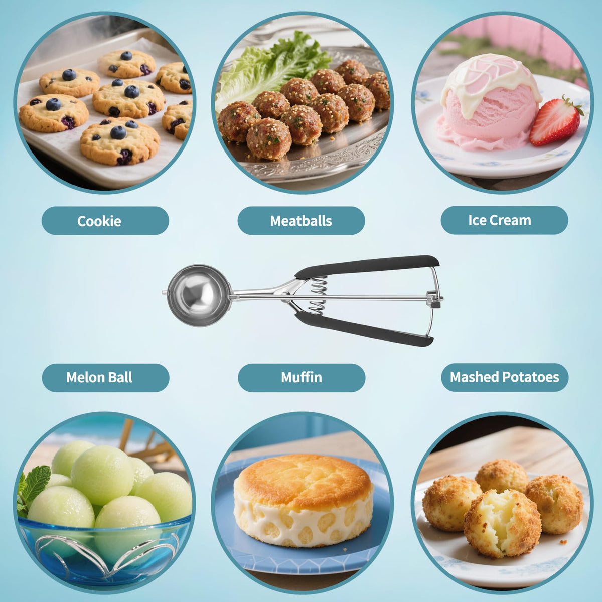 Jetonn cookie scoops colorful handles help identify sizes at a glance.