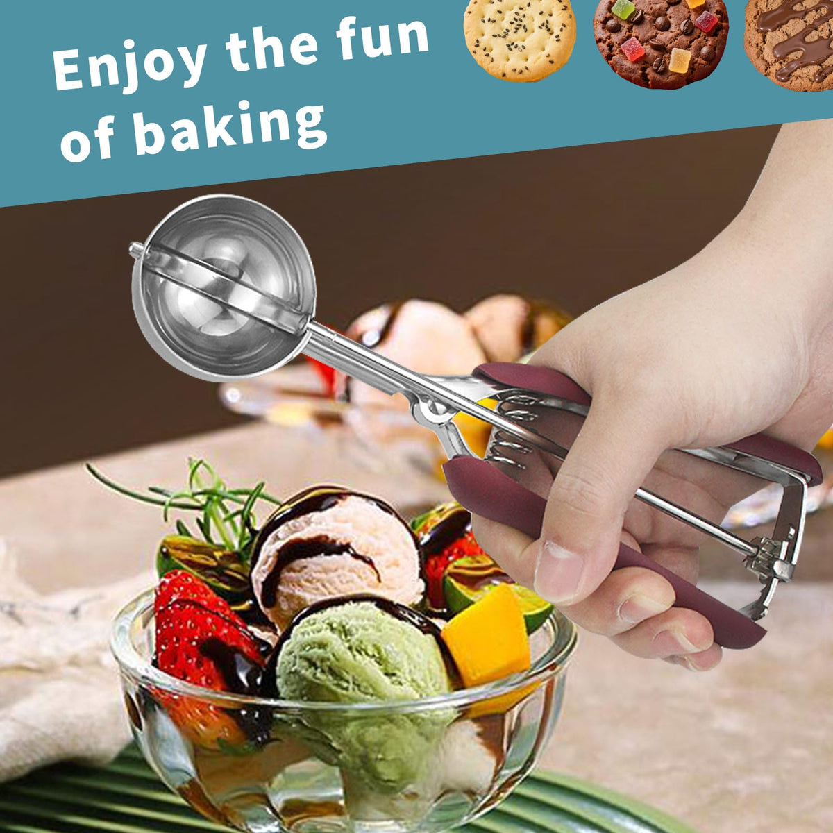 Jetonn cookie scoops non-slip rubber handles stay comfortable during baking.