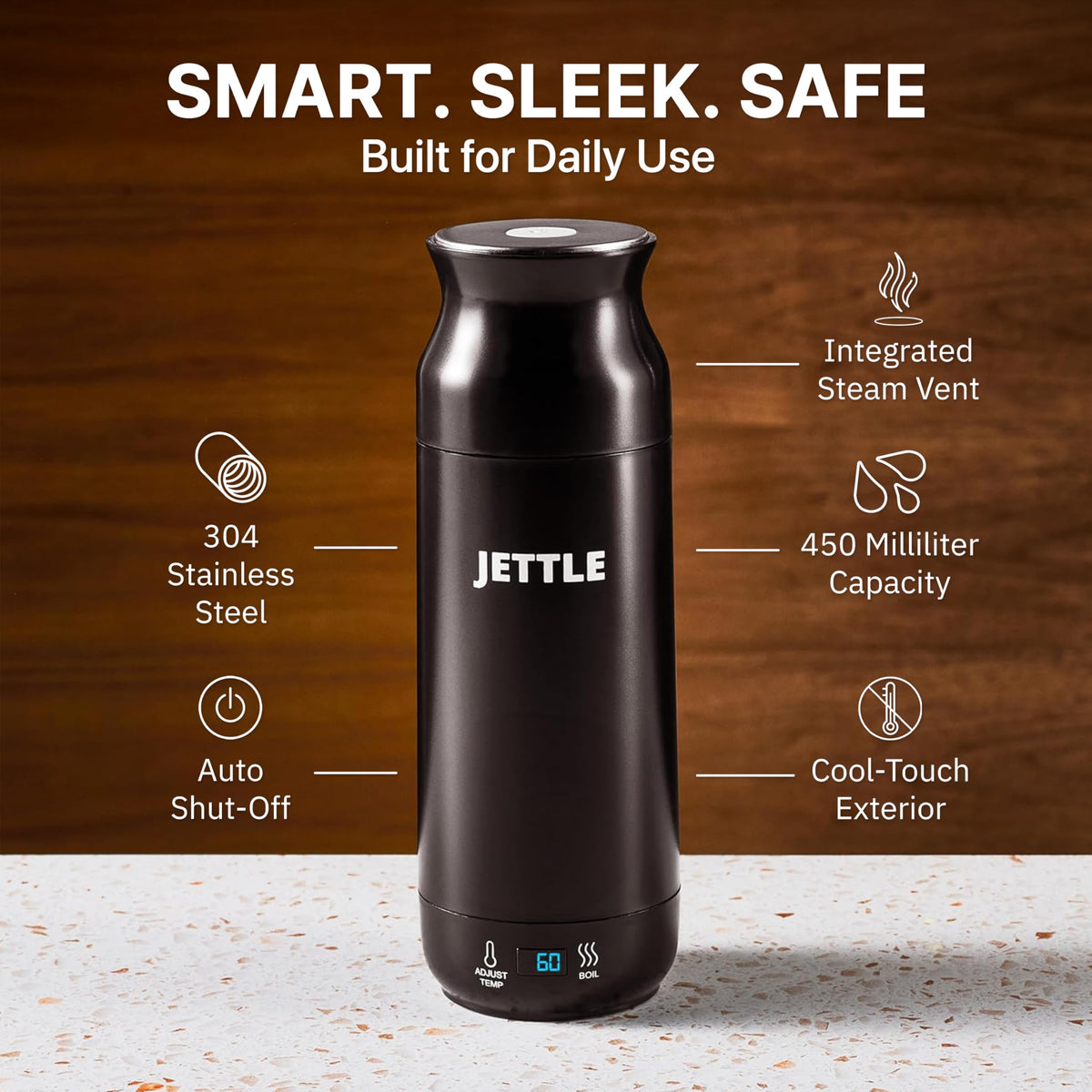 Jettle compact kettle with long cord for flexible placement on desk or in luggage