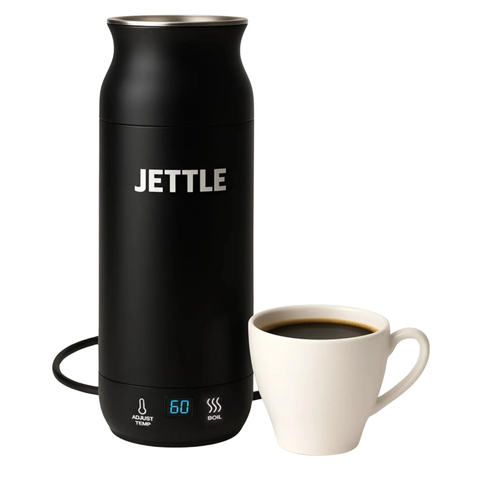 Jettle electric kettle travel compact design showing sleek stainless steel body for easy packing and quick heating