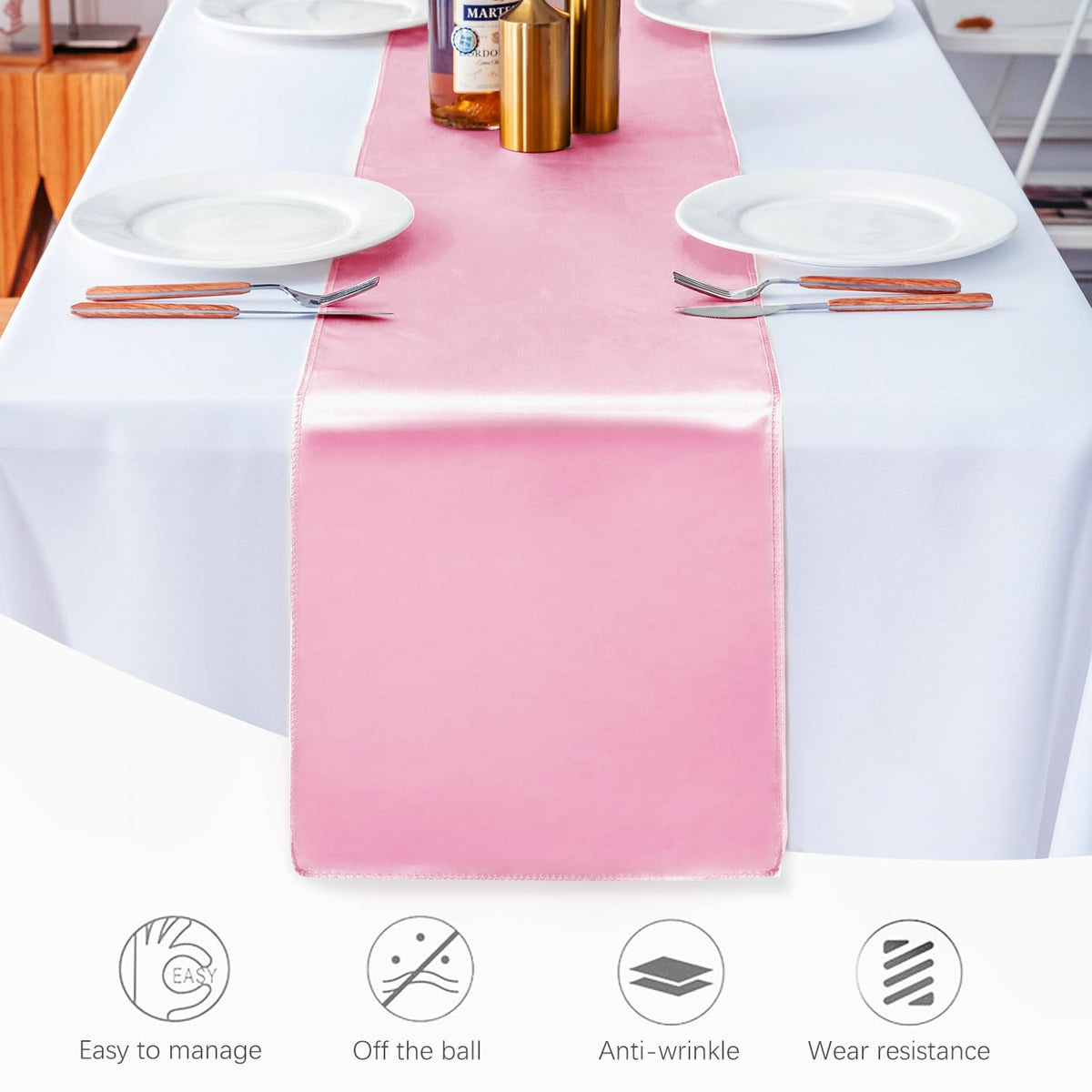 Jevix pink satin table runner on banquet setup elevates table aesthetics