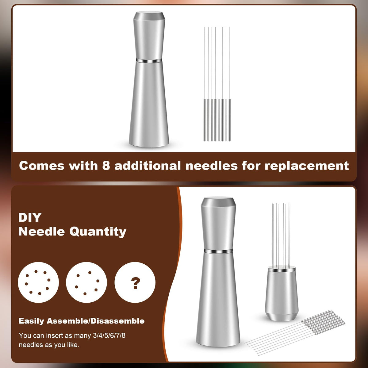 Matte-finish aluminum handle of the Jeymei WDT for a comfortable grip.