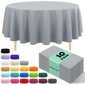 JHDZDHY 10-pack disposable round tablecloths cover an 84-inch table in silver grey for events.