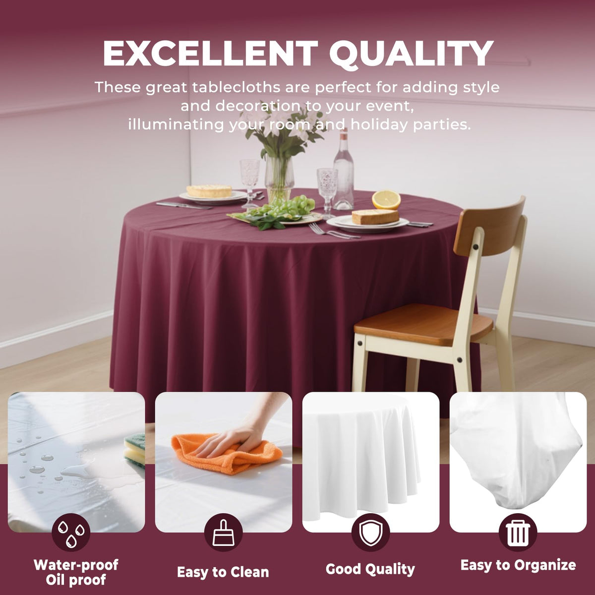 JHDZDHY burgundy round tablecloth on buffet area, keeps food service clean and stylish