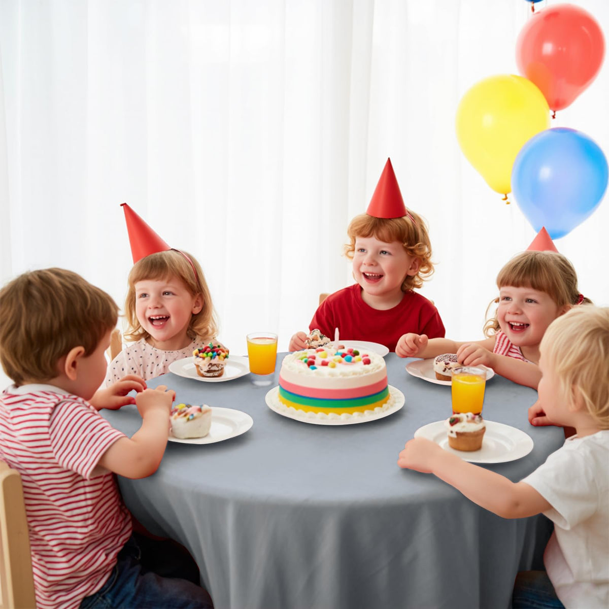 JHDZDHY elegant-silver-grey round tablecloth at party setup.