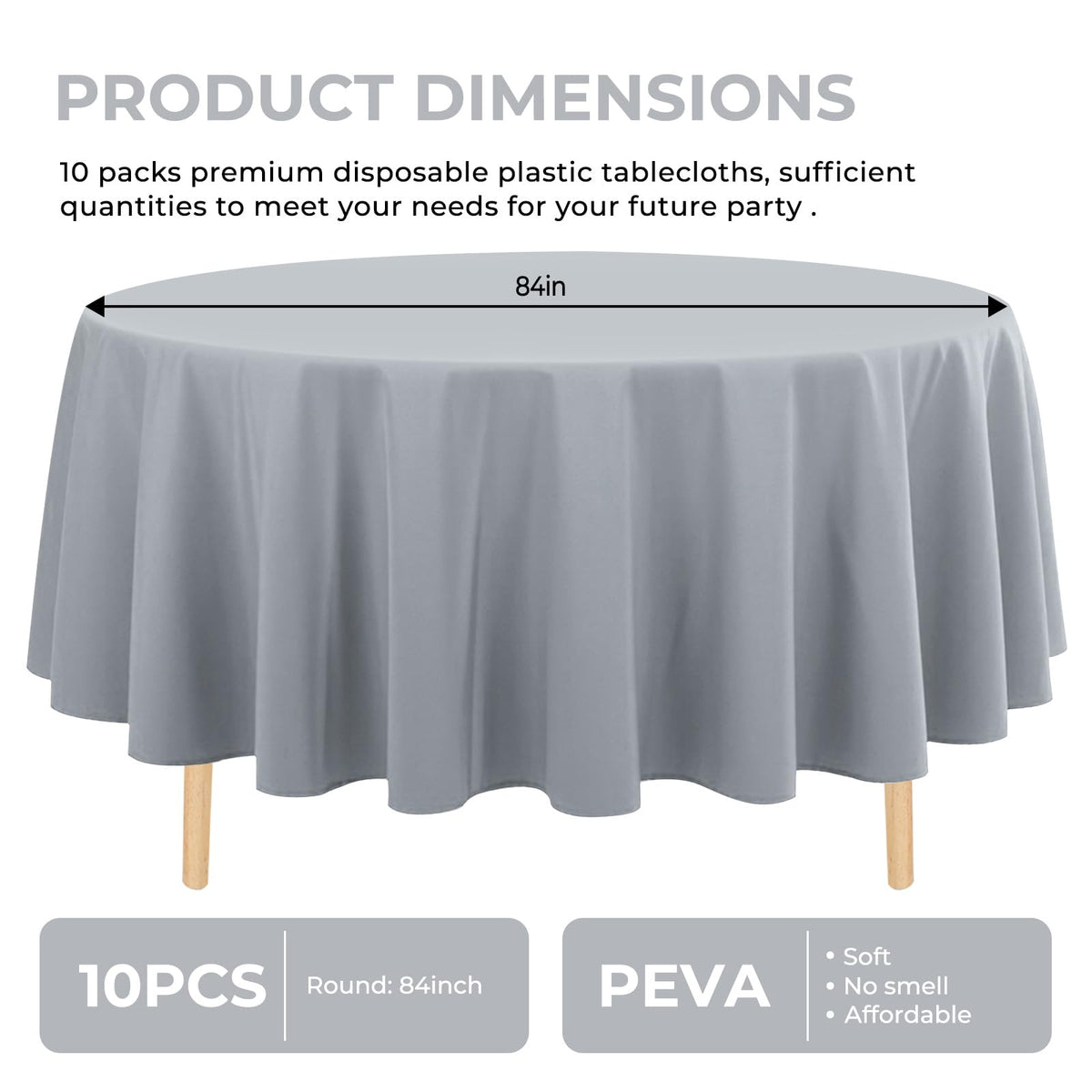 JHDZDHY silver grey round tablecloth closeup shows smooth, waterproof surface.