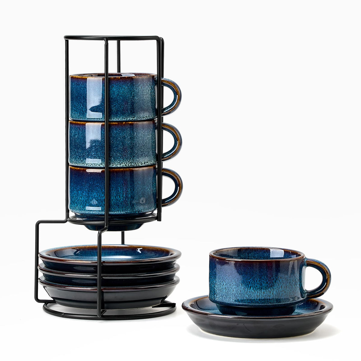 JH JIEMEI HOME porcelain stackable cappuccino cups with saucers keep coffee warm and save counter space.