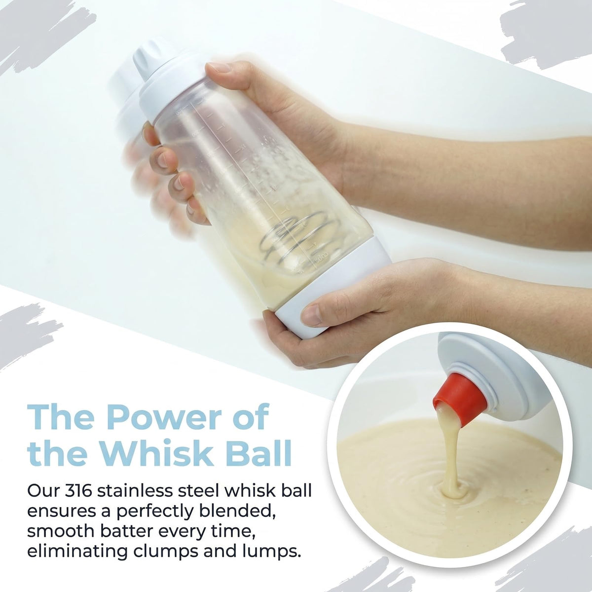 Jhovunetharq dispenser with wire whisk attachment for lump-free batter.