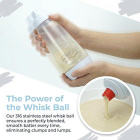 Jhovunetharq dispenser with wire whisk attachment for lump-free batter.