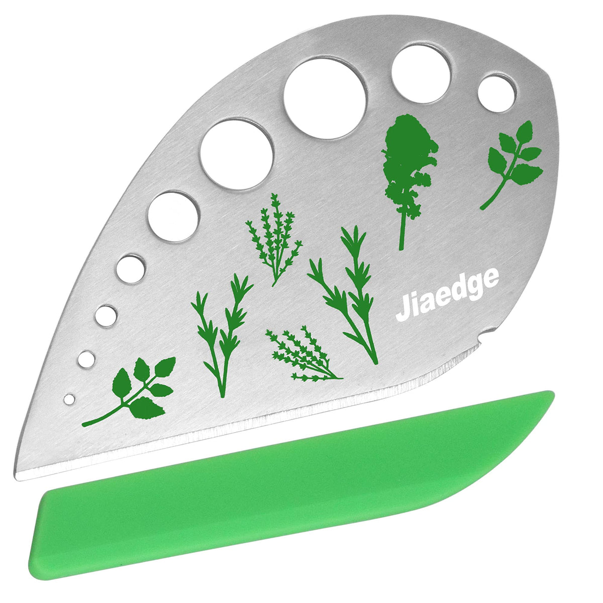 Jiaedge herb stripper close-up showing the nine-hole design for versatile stripping.