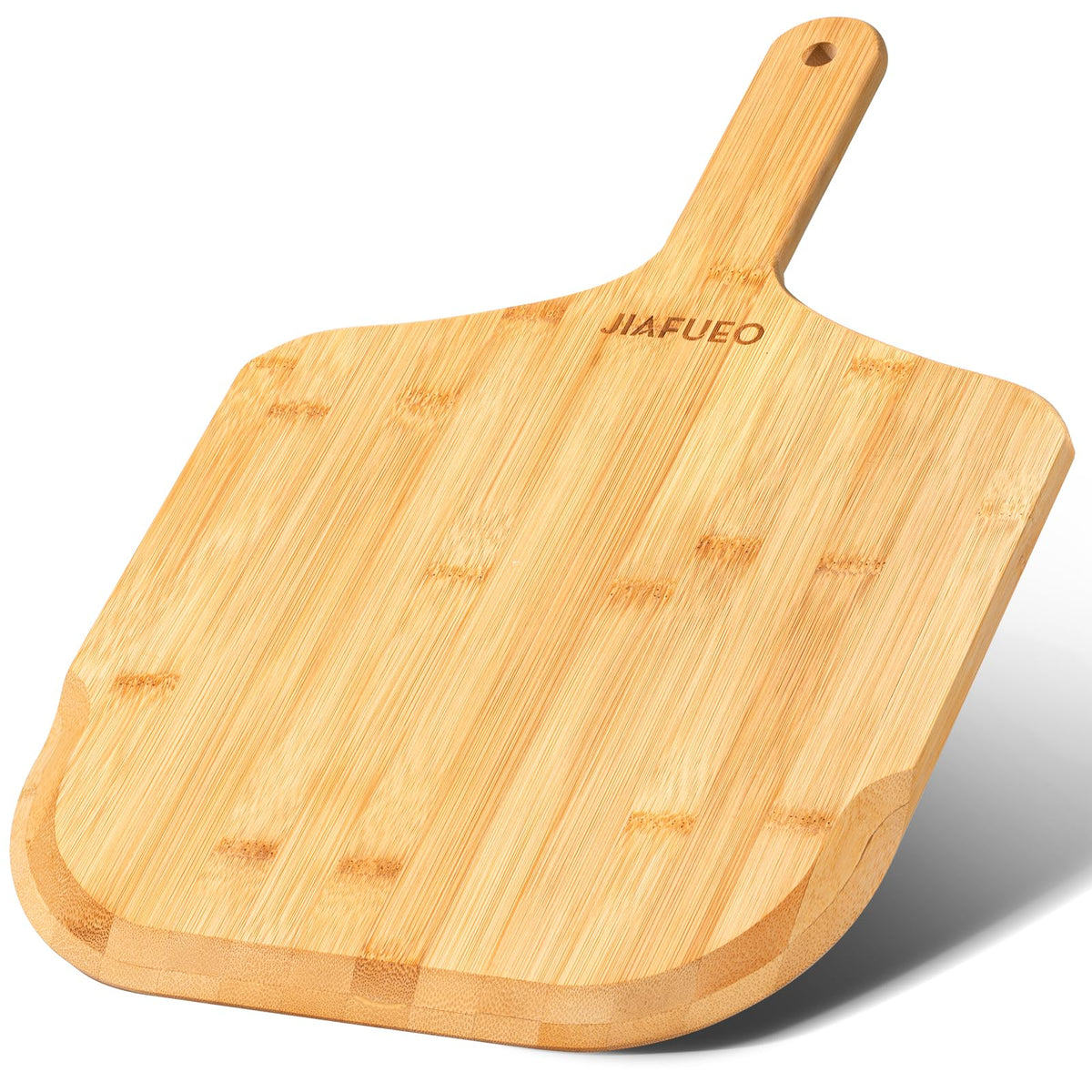JIAFUEO bamboo pizza peel showing smooth surface for easy dough transfer.