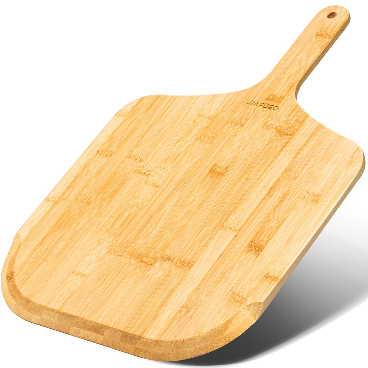 JIAFUEO 14-inch bamboo pizza peel ready for easy transfer and even baking.