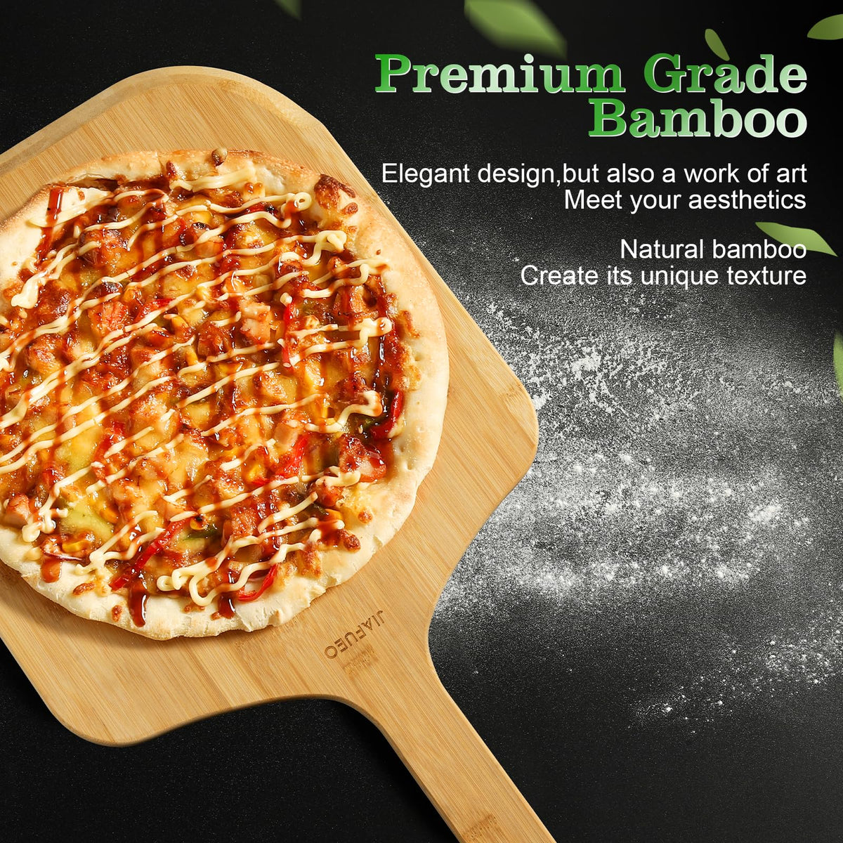 JIAFUEO pizza peel ergonomic handle with a hanging hole for storage.