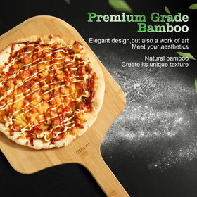 JIAFUEO pizza peel ergonomic handle with a hanging hole for storage.
