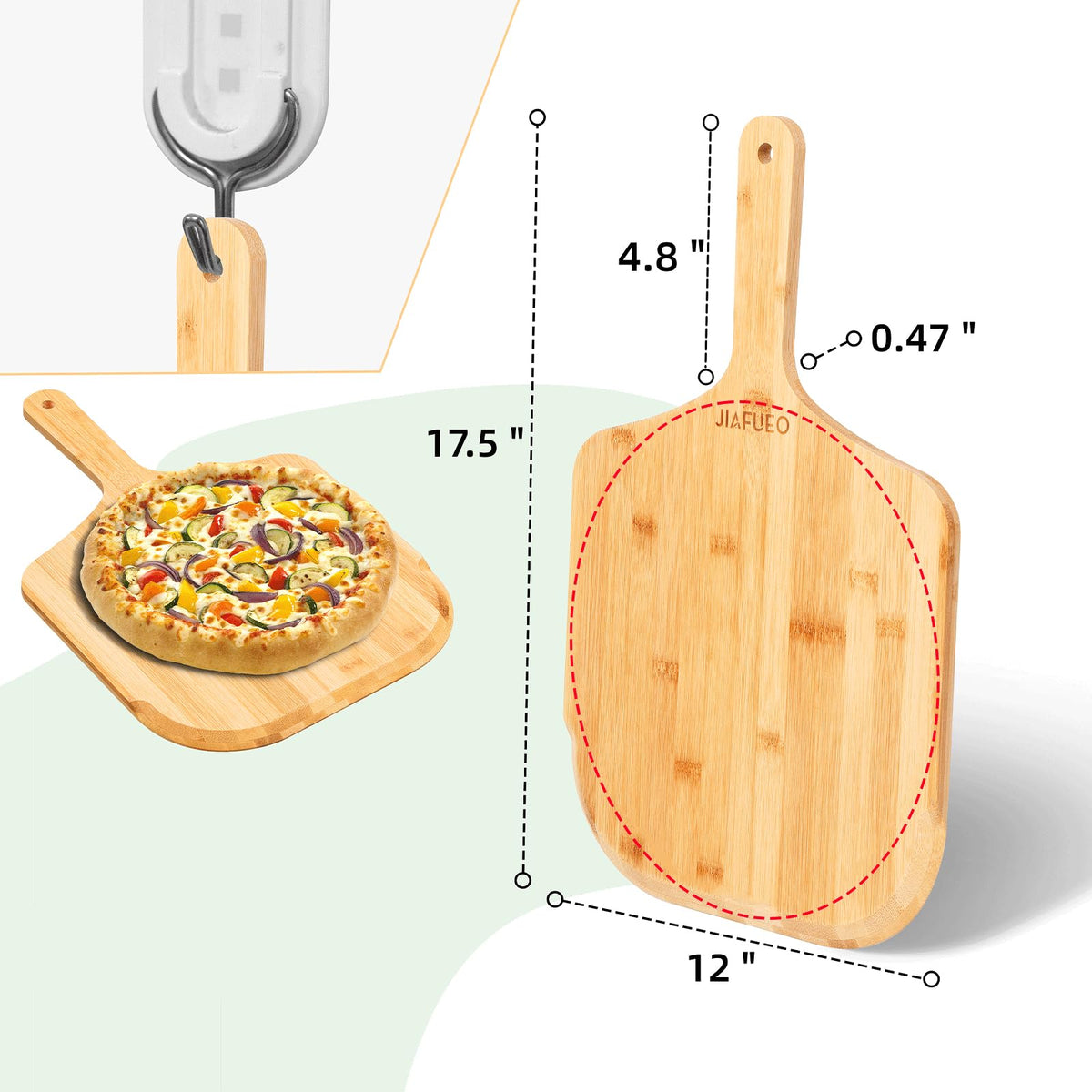 JIAFUEO 12-inch pizza paddle with comfortable handle for steady slides.