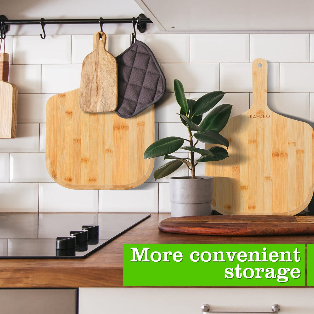 JIAFUEO pizza peel with hanging holes for neat wall storage.