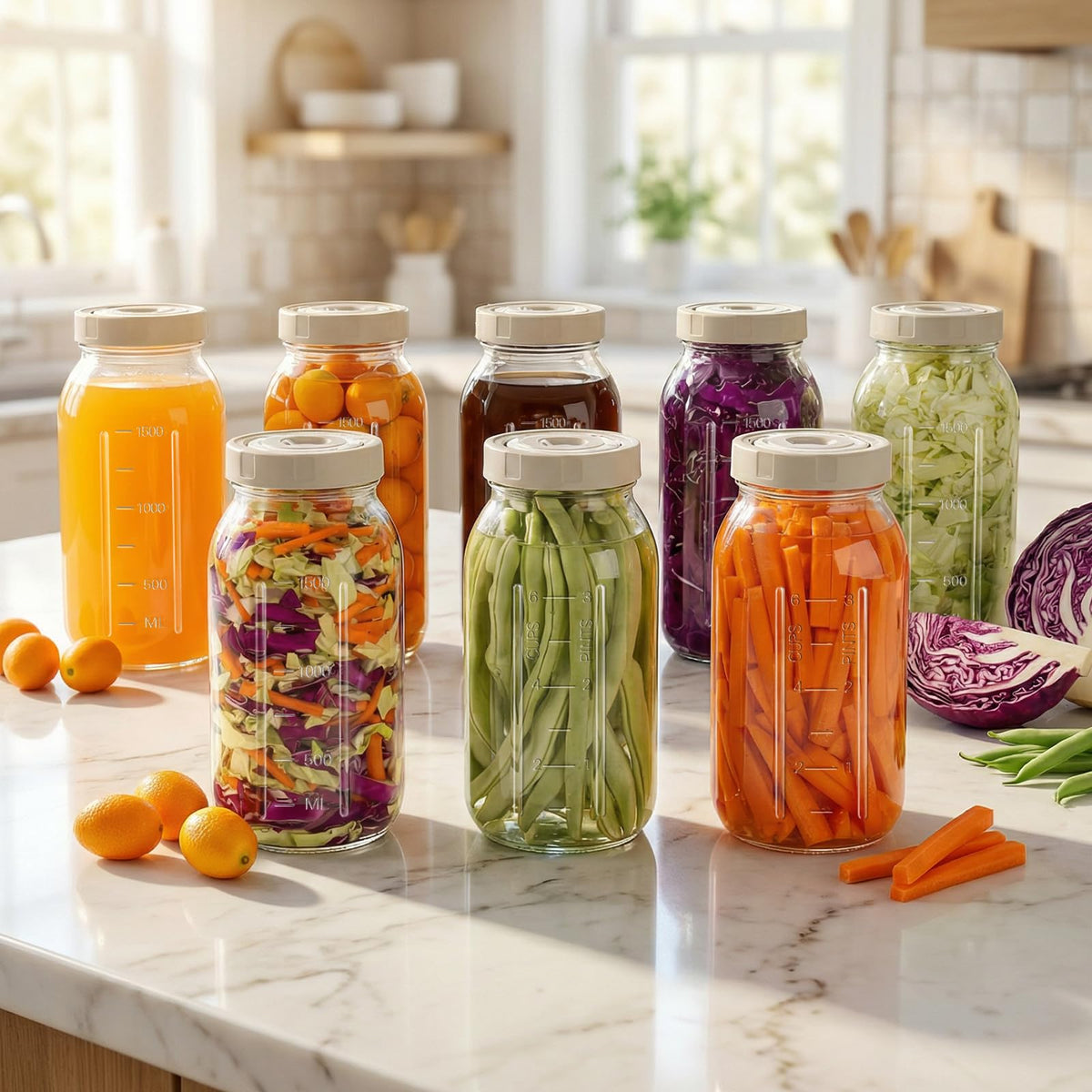 Kombucha and pickles ready to ferment using the Jiaiton kit.