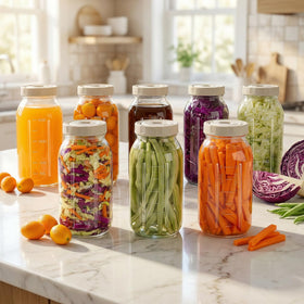 Kombucha and pickles ready to ferment using the Jiaiton kit.