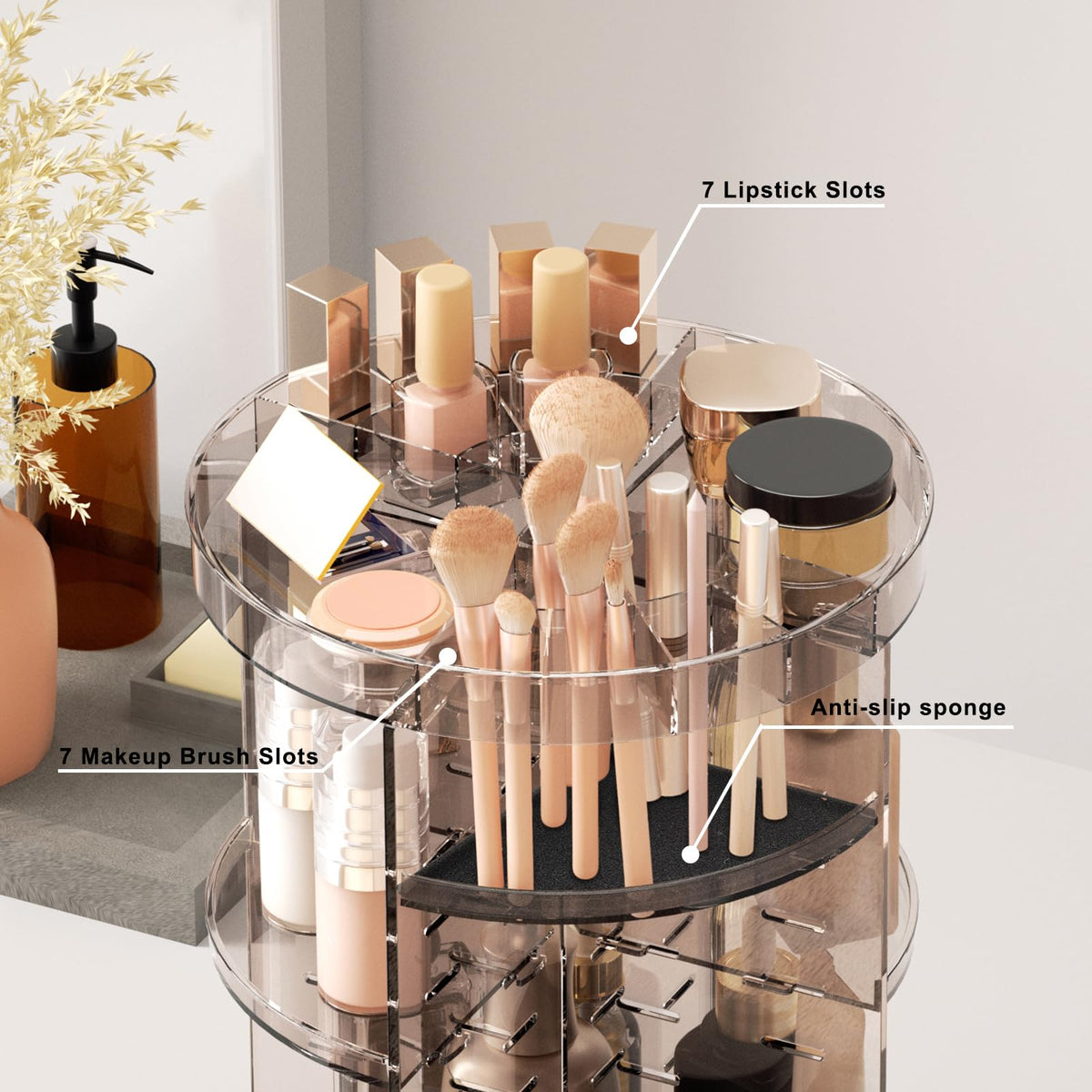 Jiavarry 360° rotating makeup organizer shows brush holes for tidy tool storage