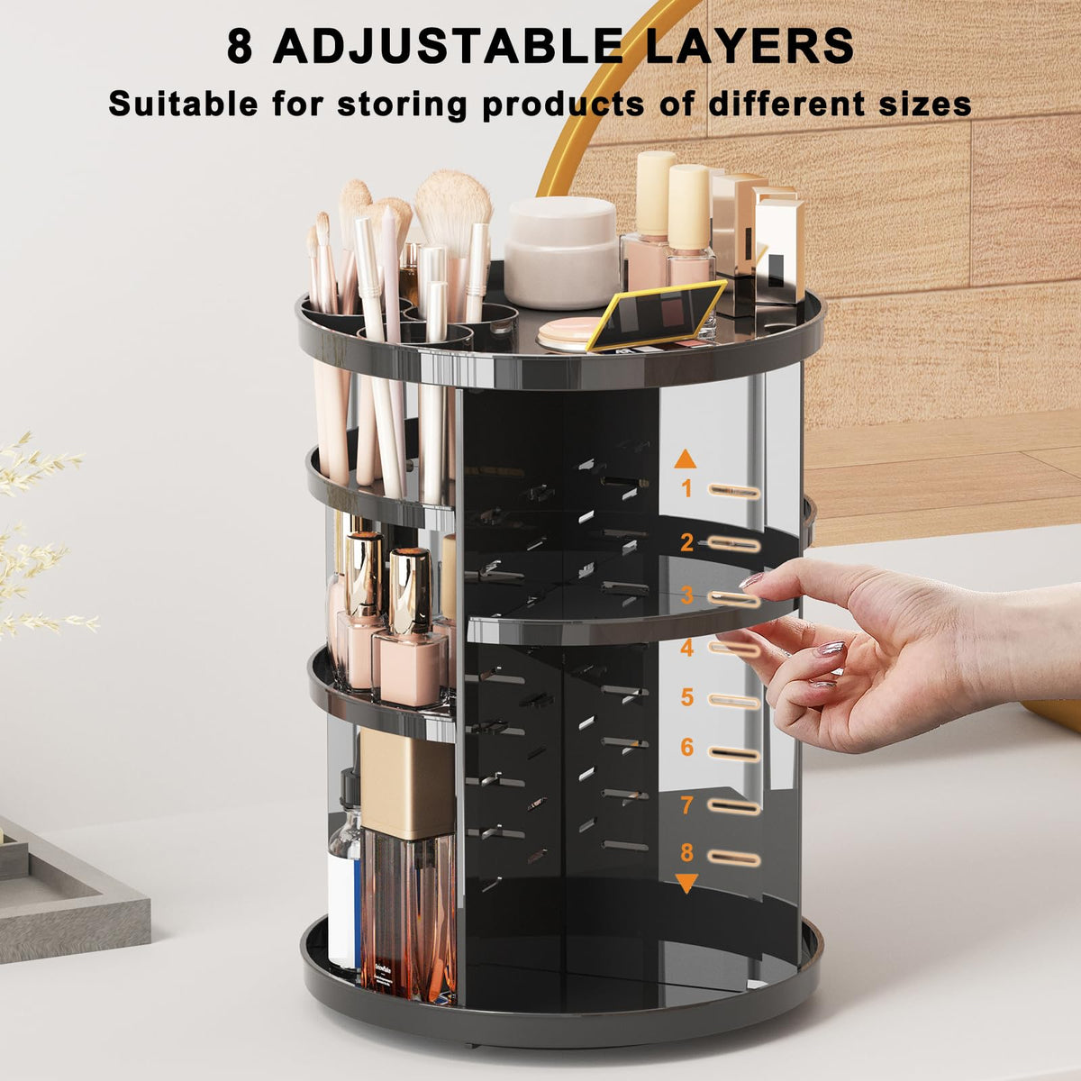 Jiavarry adjustable trays adapt height for brushes and bottles.