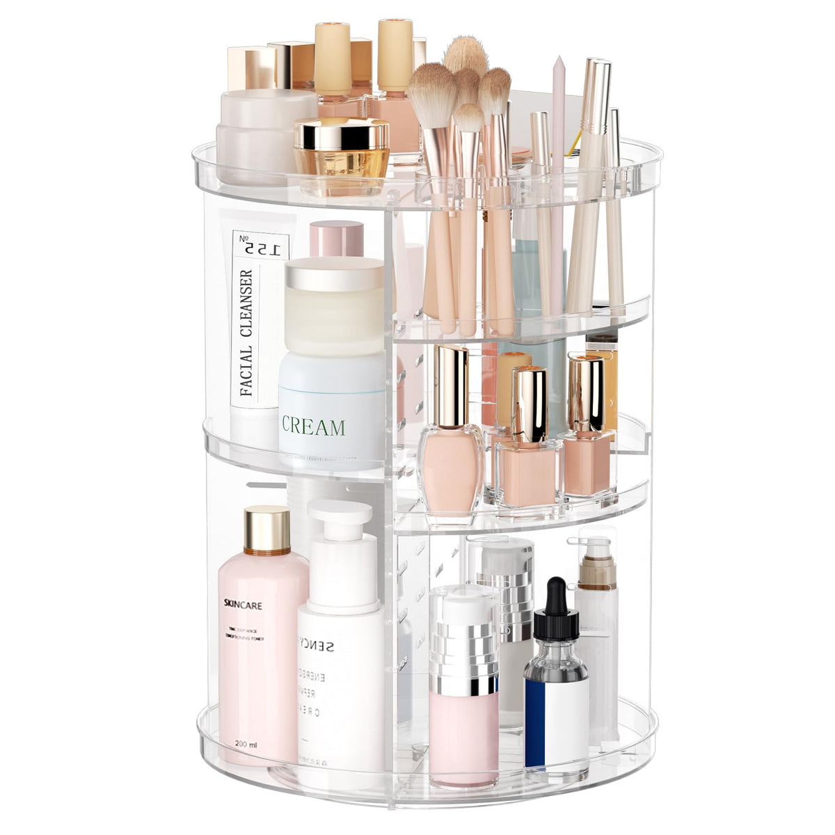 Jiavarry rotating makeup organizer with 8 adjustable levels for easy access to cosmetics.