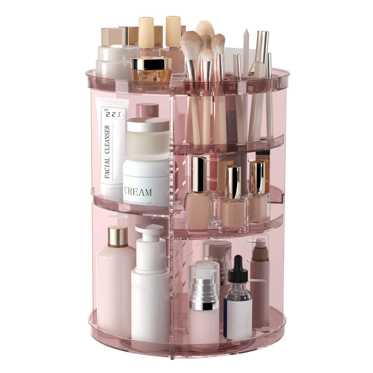 Jiavarry rotating makeup organizer showing eight-height tiers for effortless access.