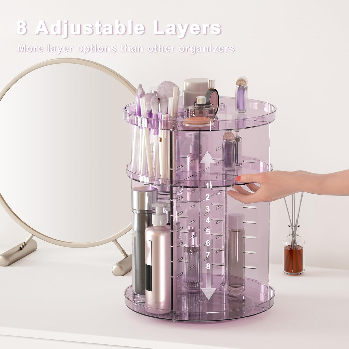 Jiavarry rotating makeup organizer interior compartments keep cosmetics and skincare neatly separated.