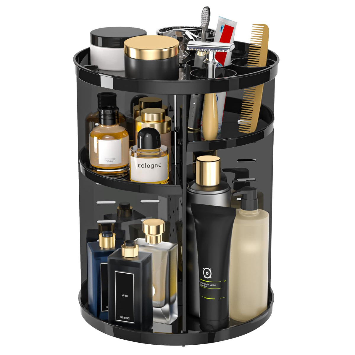Jiavarry rotating makeup organizer on vanity with 360° access to cosmetics.