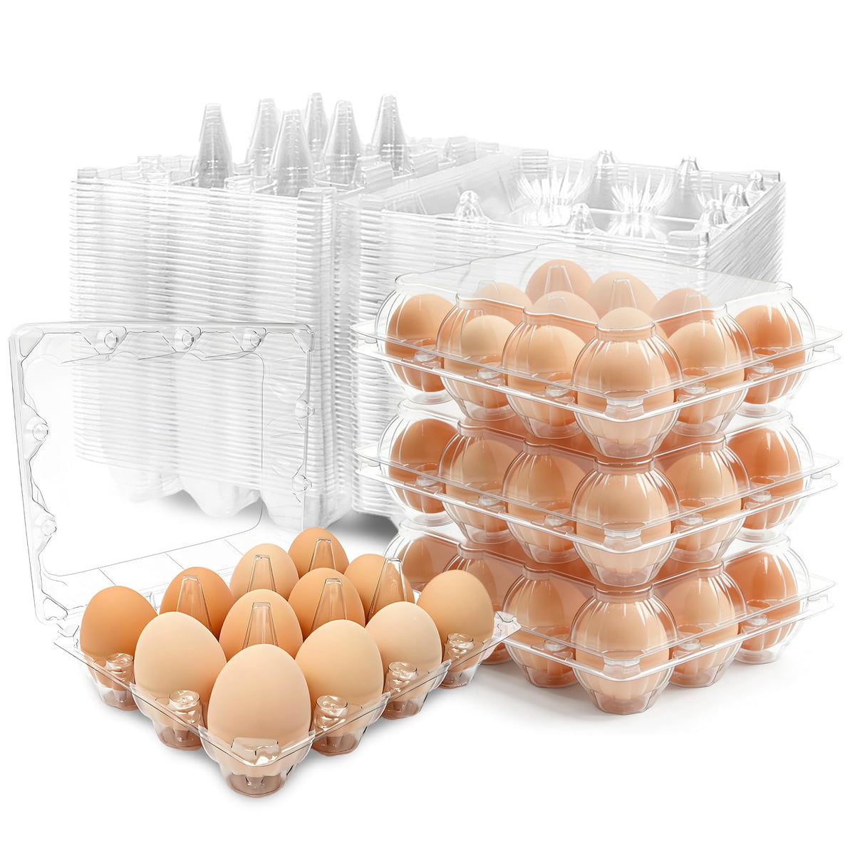 Jibrelxion 100-pack egg cartons with clear 12-egg compartments for quick inventory.