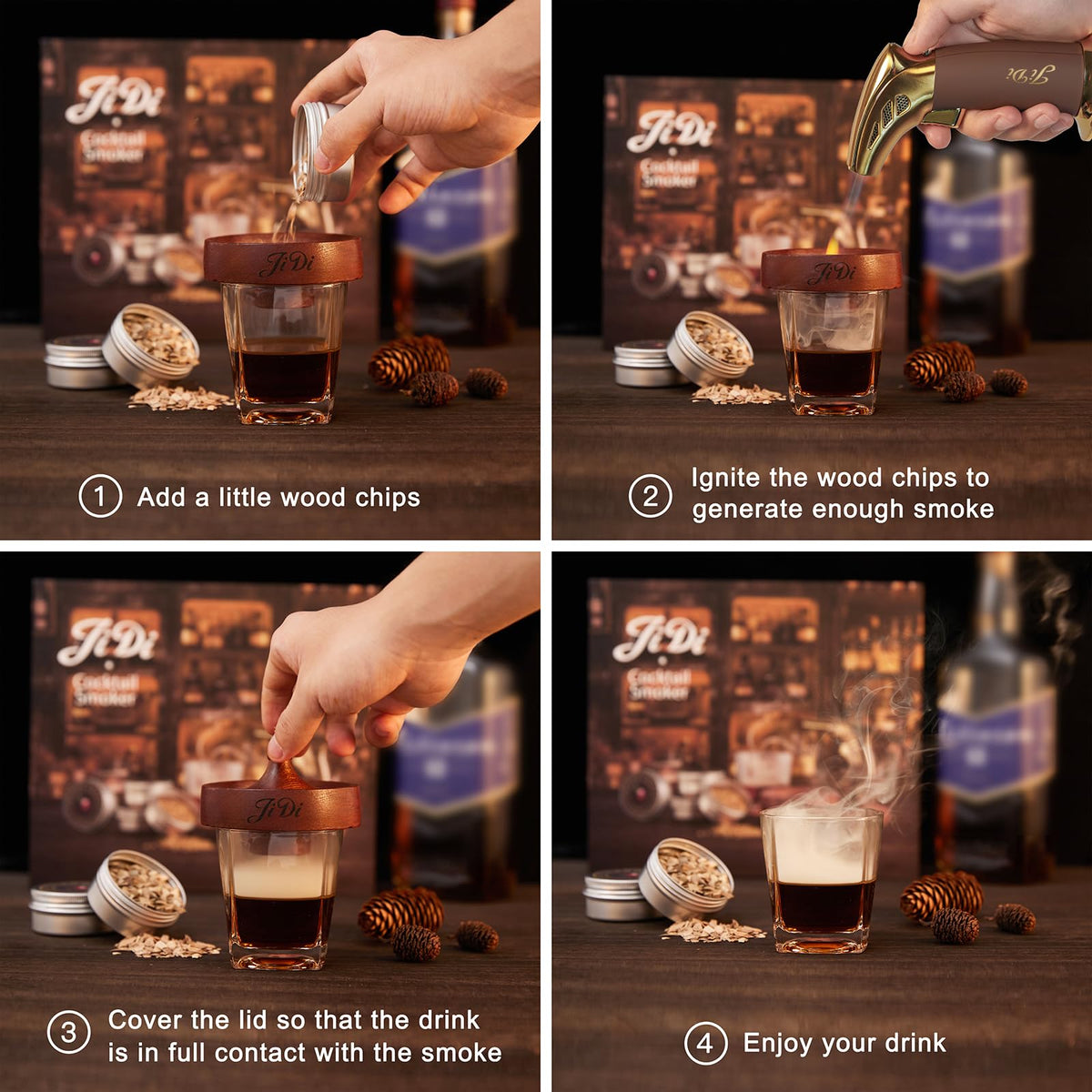 JIDI Whiskey Smoker Kit with peach wood chips for bright fruity smoke notes