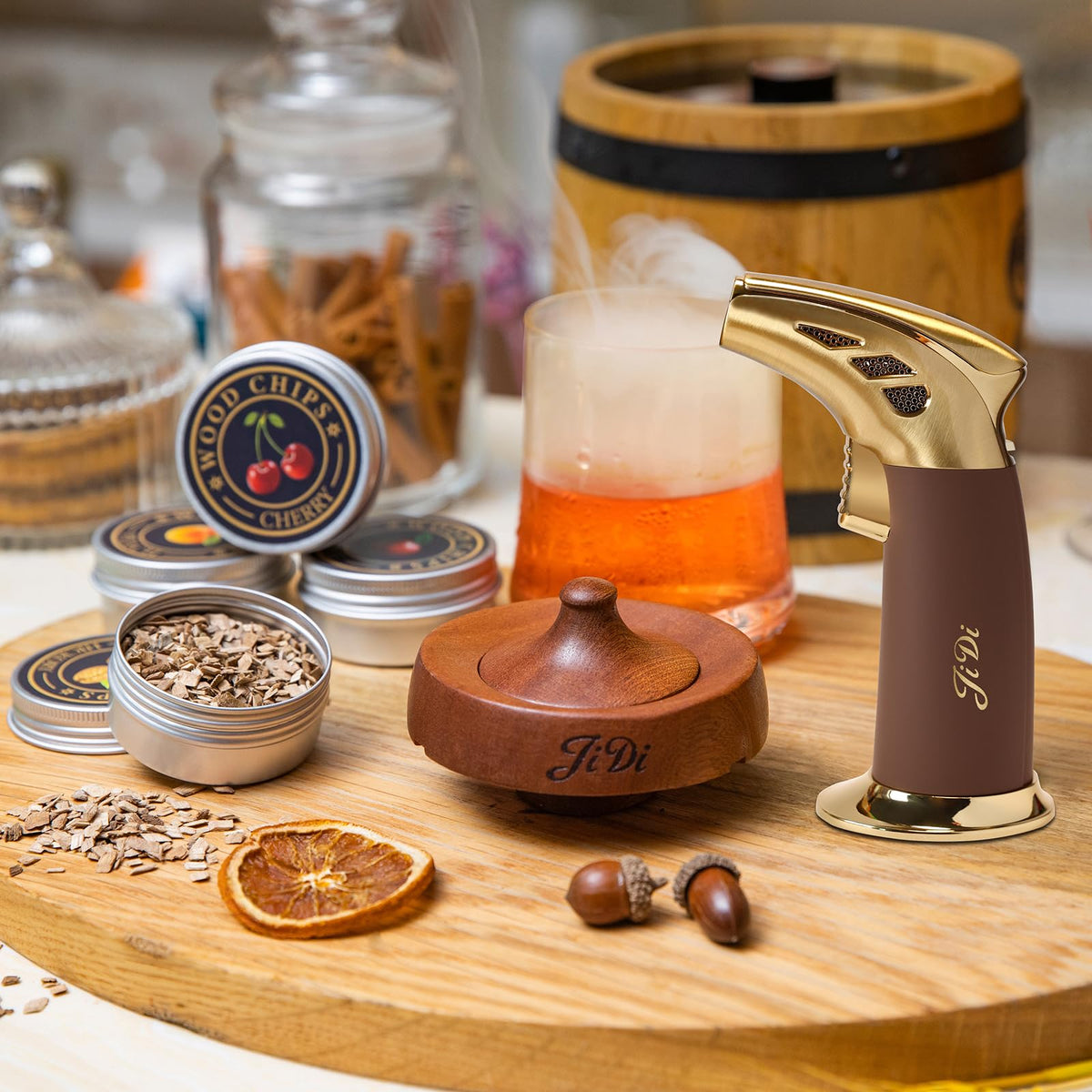 JIDI Whiskey Smoker Kit with Torch and Wood Chips, versatile for cocktails and more