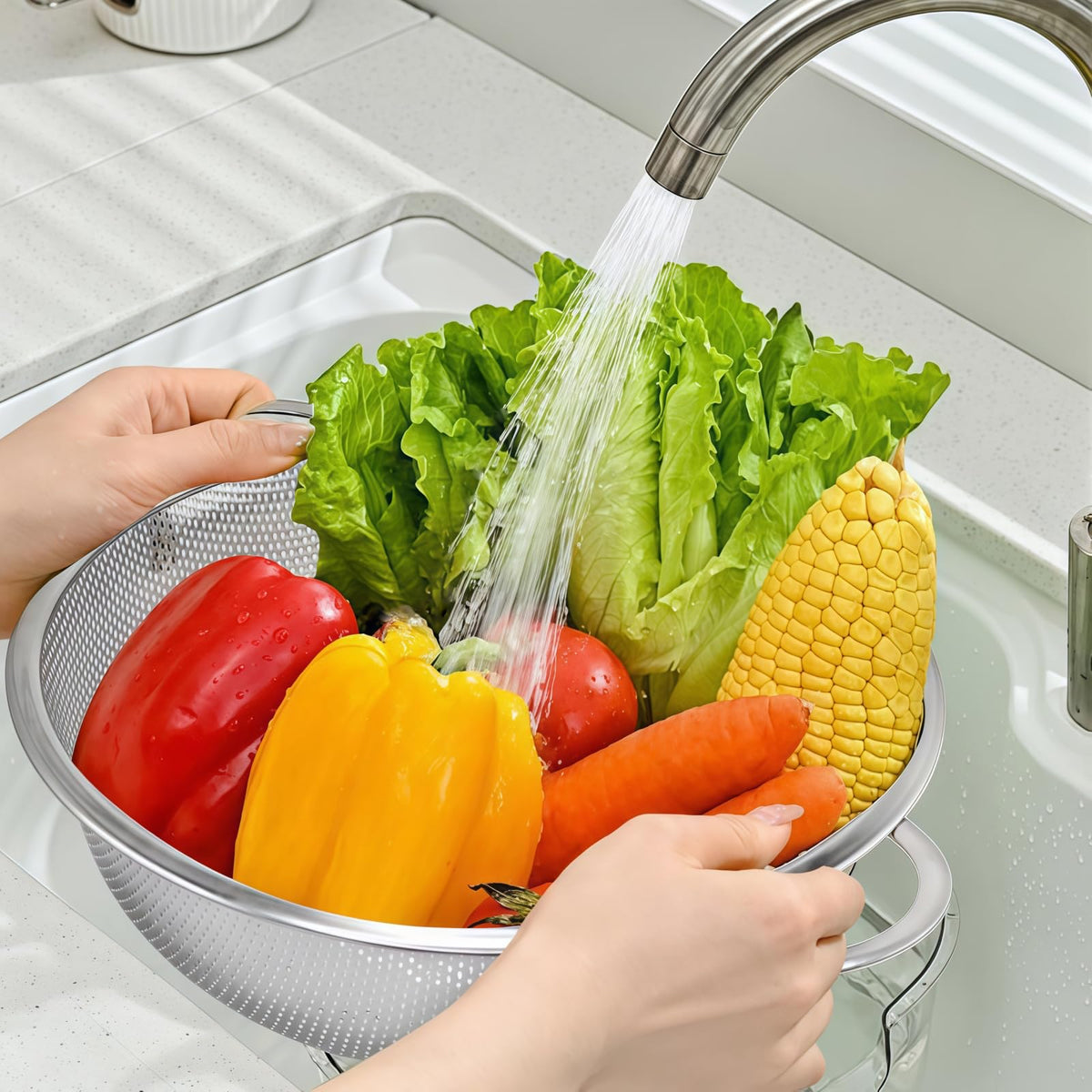 JIDSPWLS dishwasher-safe colander set for easy cleanup after cooking.