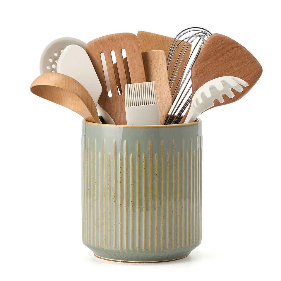 JIEMEI HOME ceramic utensil holder in green with ridged texture on counter