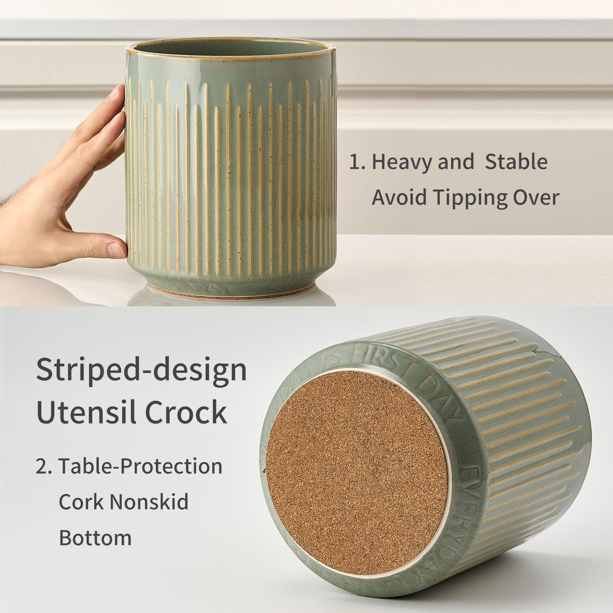 Cork mat bottom protects surfaces and stabilizes the holder