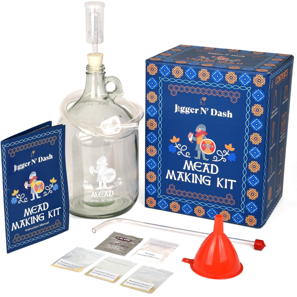 Jigger N' Dash mead kit contents laid out for a simple home brew start